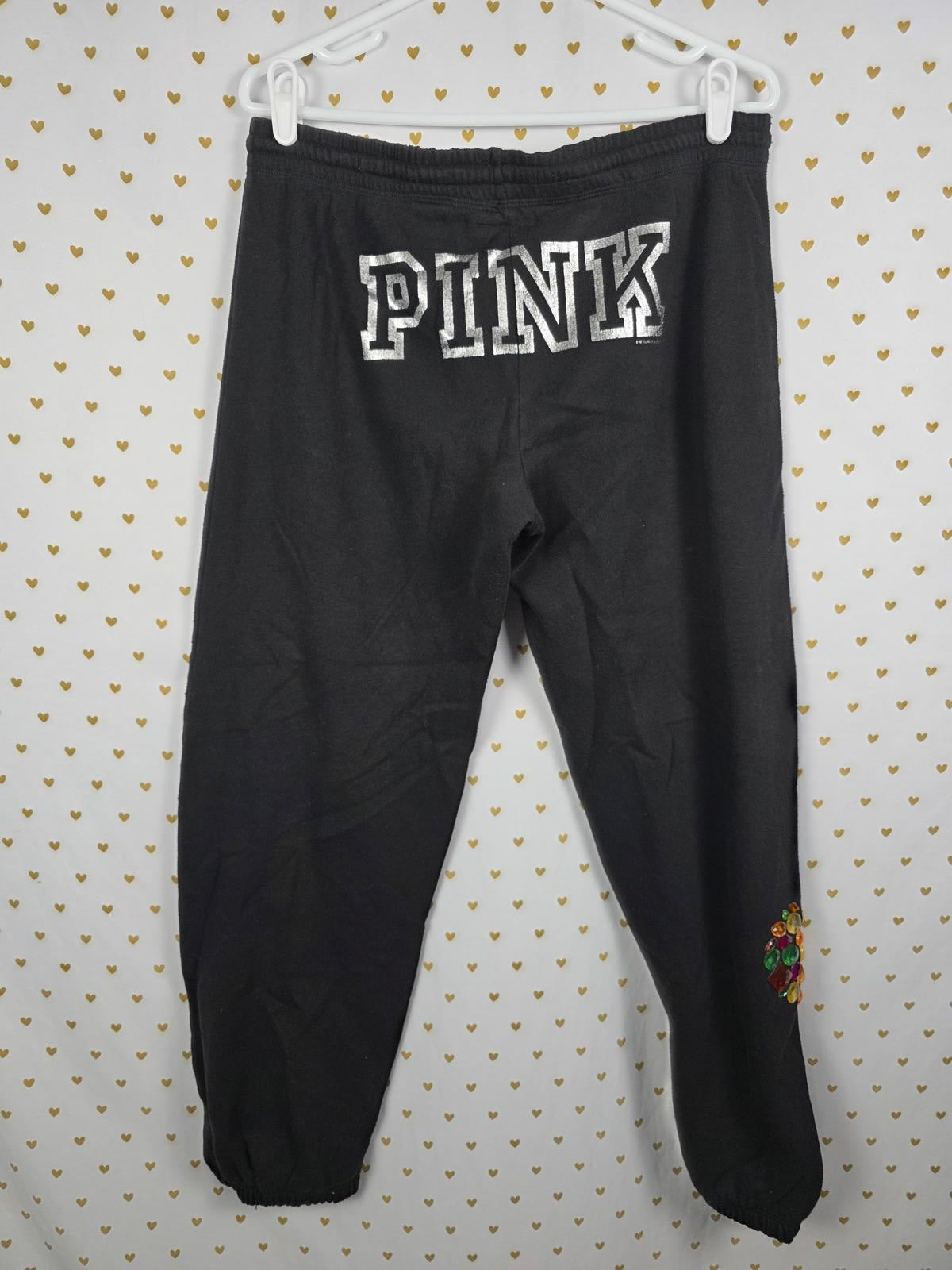 Victorias Secret Pink RARE BLING Jeweled SET Hoodie Sweats Logo Butt Gems MEDIUM