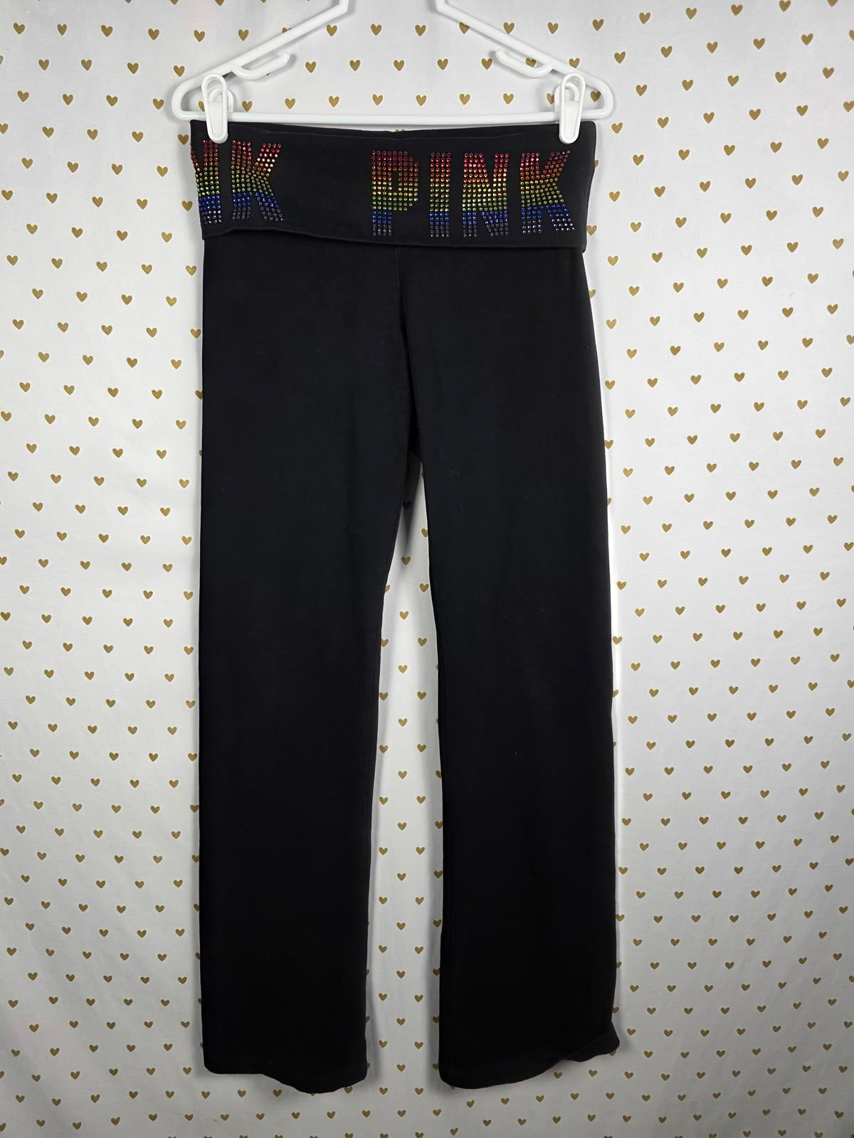 Victorias Secret PINK RAINBOW BLING Studded FOLDOVER Yoga Pants MEDIUM FLARED