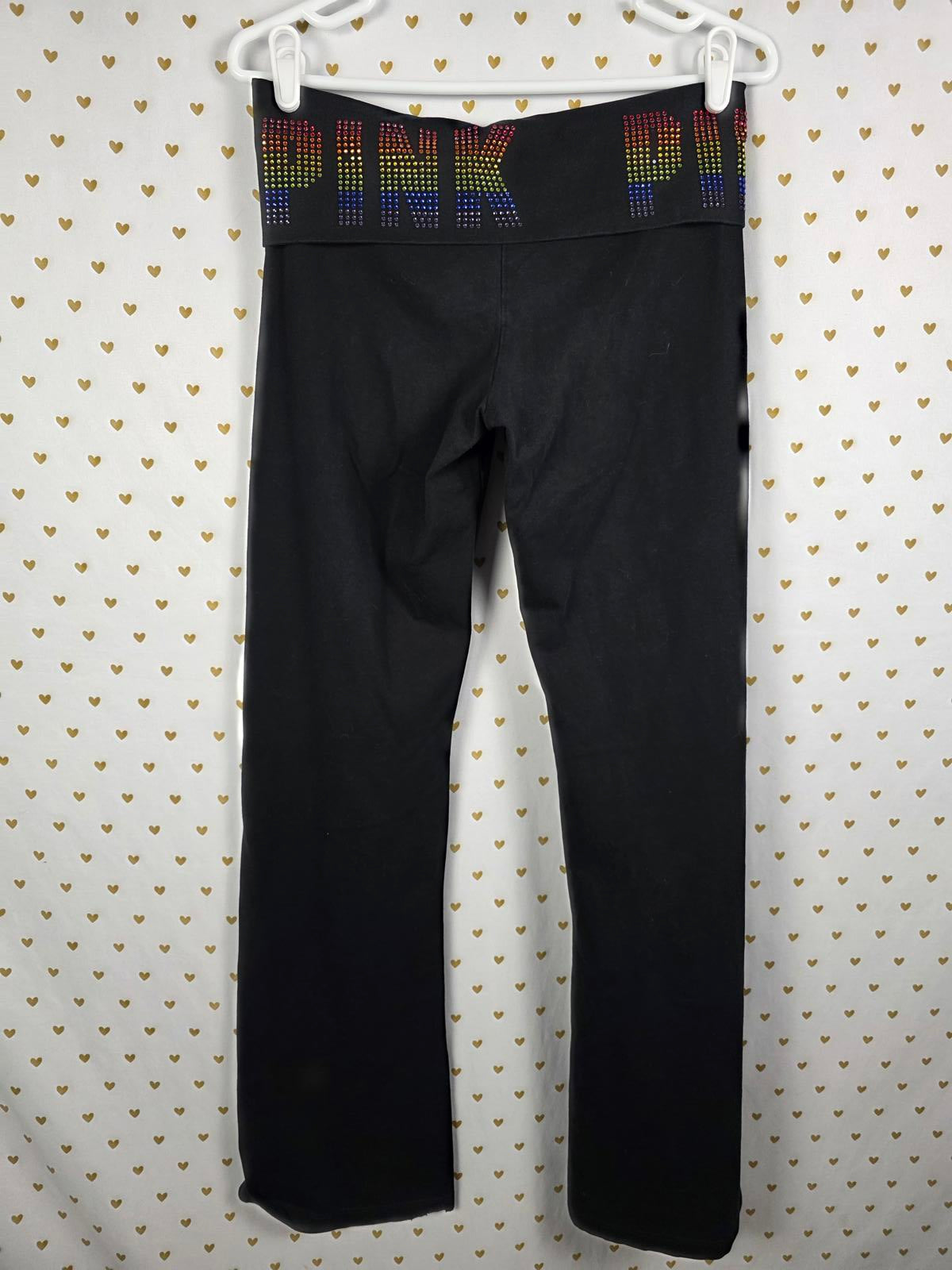 Victorias Secret PINK RAINBOW BLING Studded FOLDOVER Yoga Pants MEDIUM FLARED