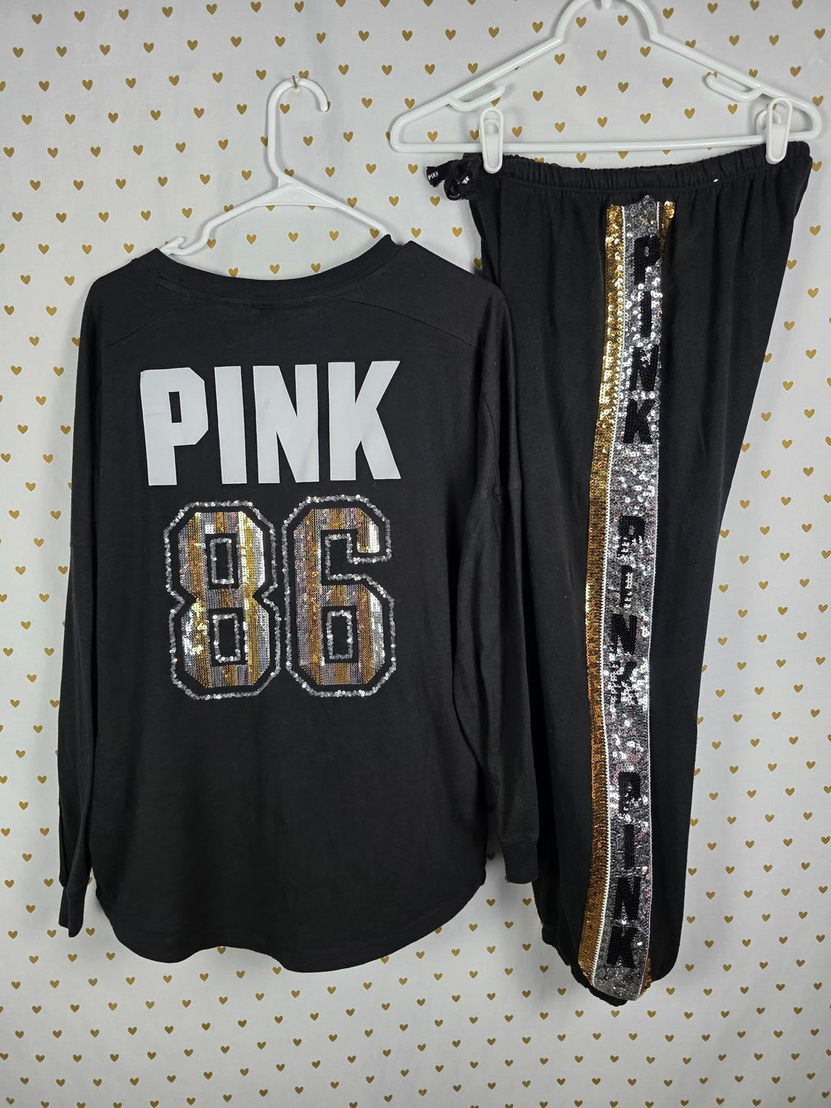 Victorias Secret PINK BLING Sequined 86 RARE Joggers Campus Tee Set Gold Stripe