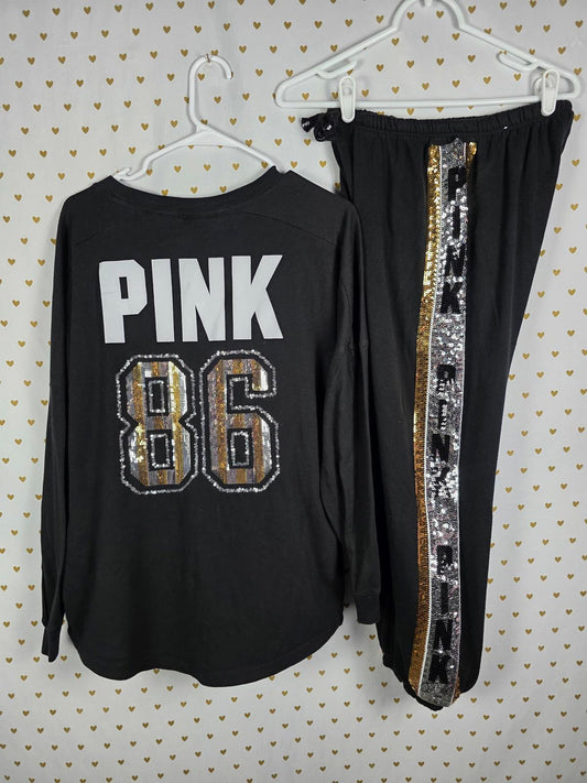 Victorias Secret PINK BLING Sequined 86 RARE Joggers Campus Tee Set Gold Stripe