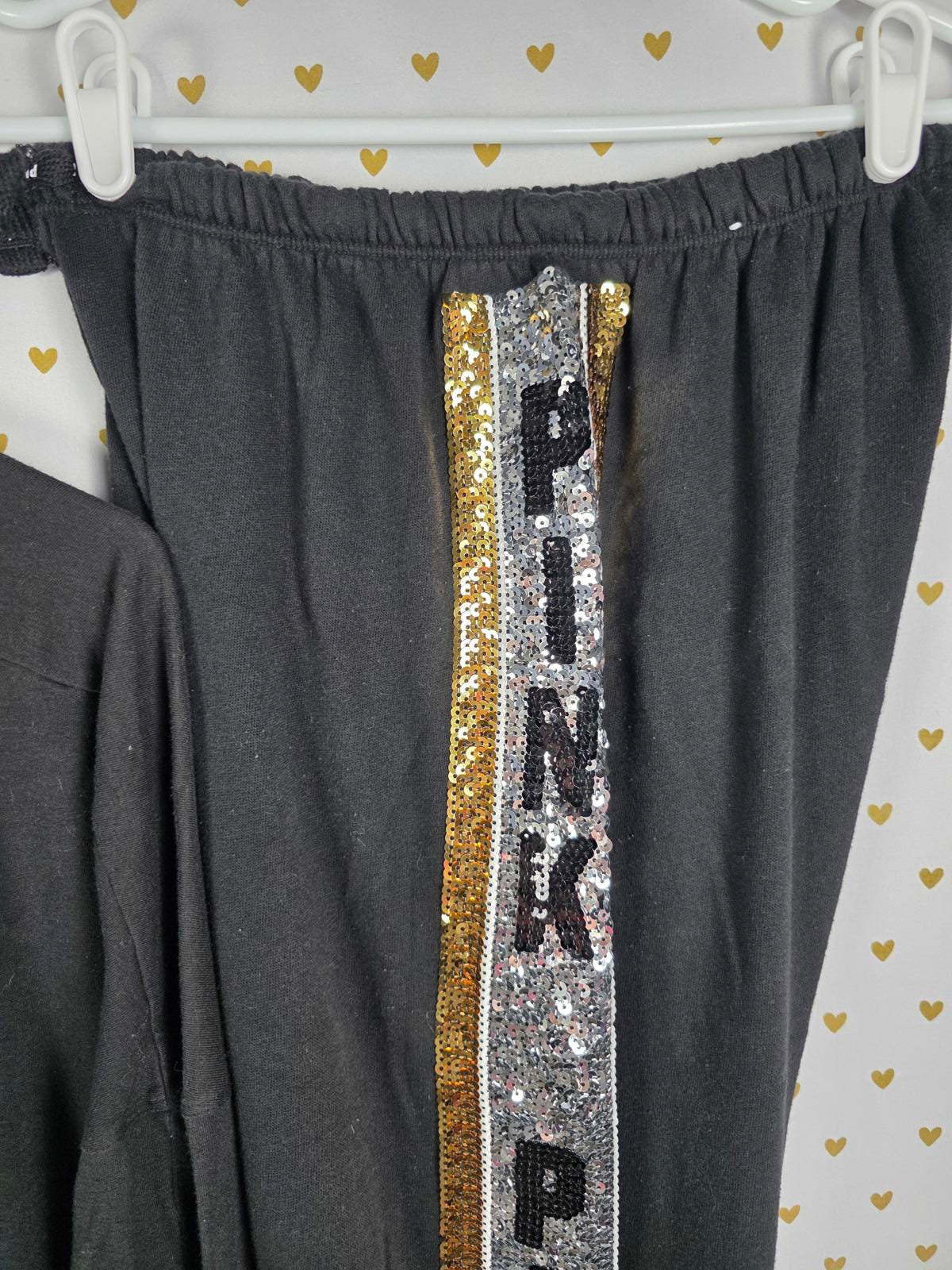Victorias Secret PINK BLING Sequined 86 RARE Joggers Campus Tee Set Gold Stripe