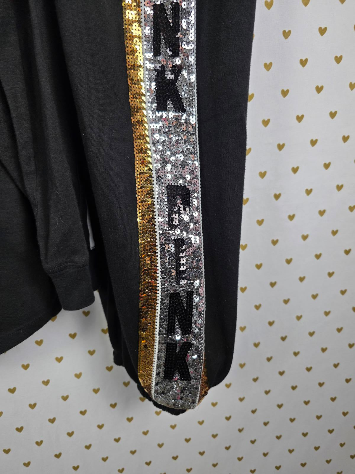 Victorias Secret PINK BLING Sequined 86 RARE Joggers Campus Tee Set Gold Stripe