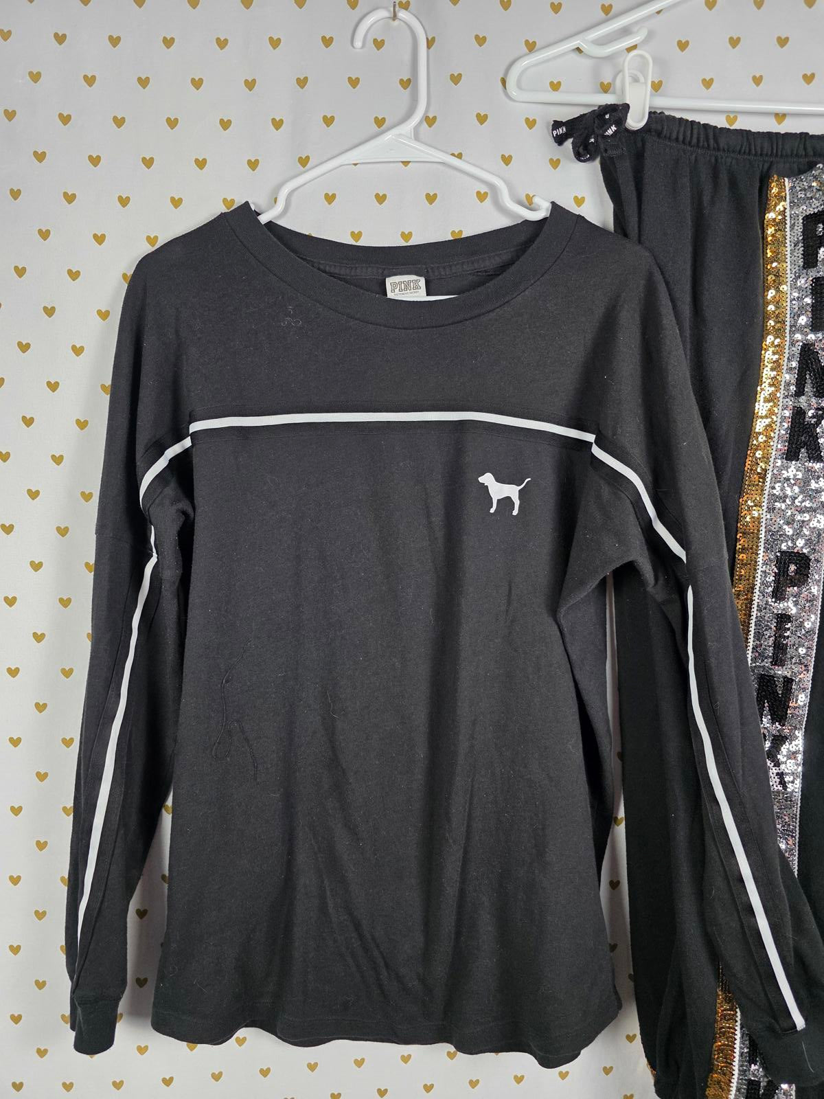 Victorias Secret PINK BLING Sequined 86 RARE Joggers Campus Tee Set Gold Stripe