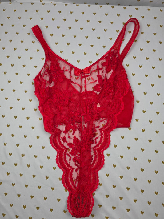 Victorias Secret VINTAGE 90's Gold Label Lace Red Teddy Bodysuit Thong Lingerie