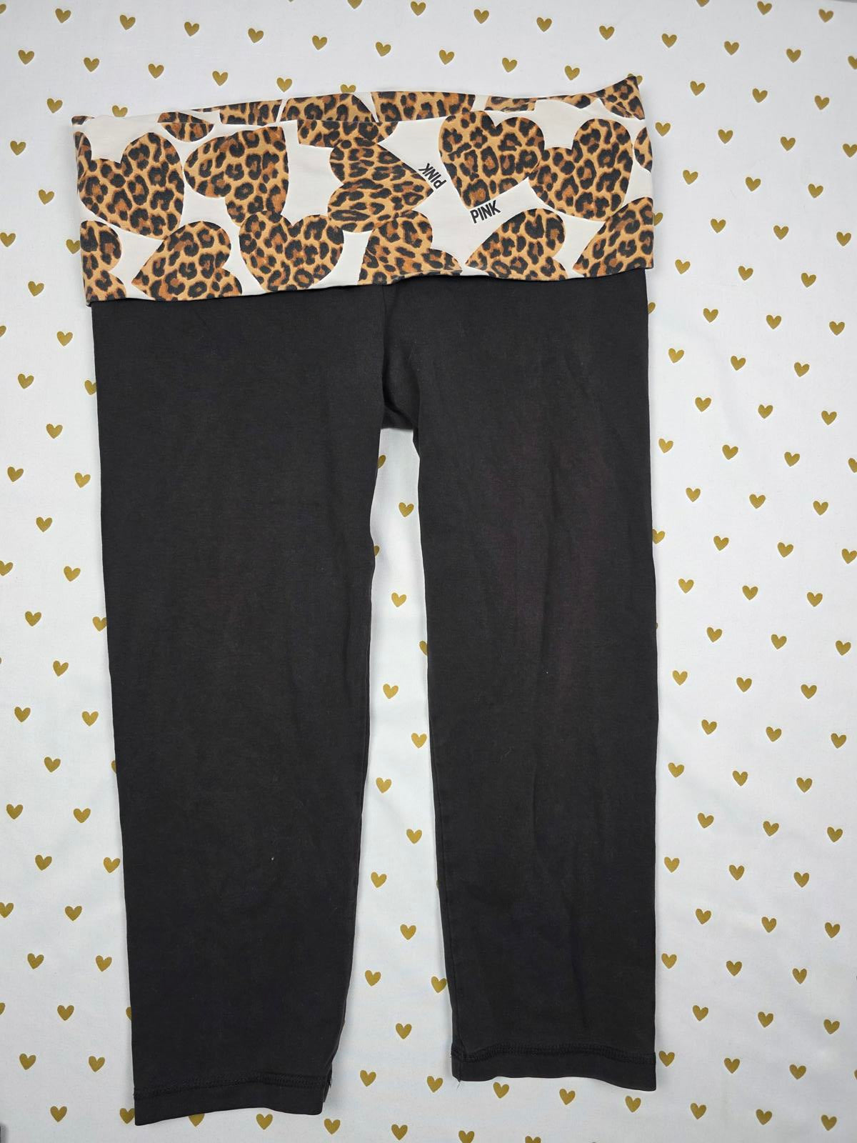 Victorias Secret PINK RARE CHEETAH LEOPARD HEARTS Capri FOLDOVER Yoga Pants Sm