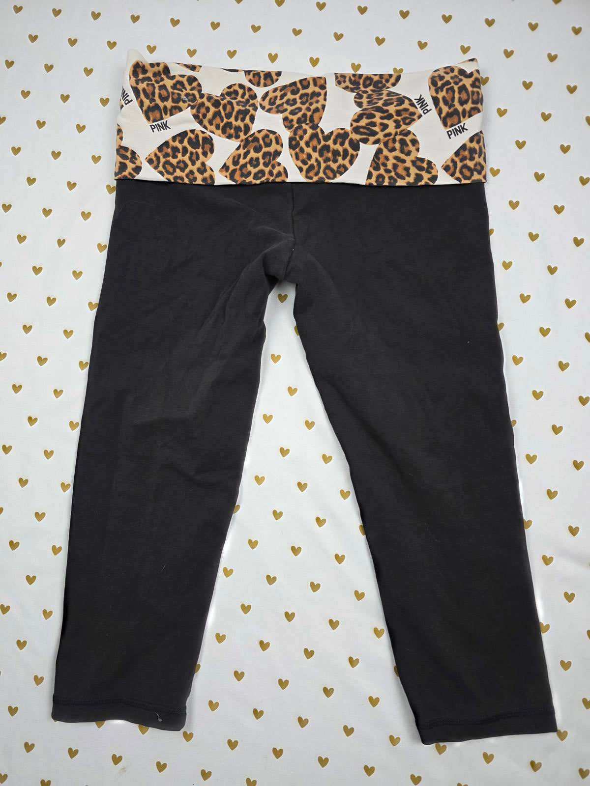 Victorias Secret PINK RARE CHEETAH LEOPARD HEARTS Capri FOLDOVER Yoga Pants Sm
