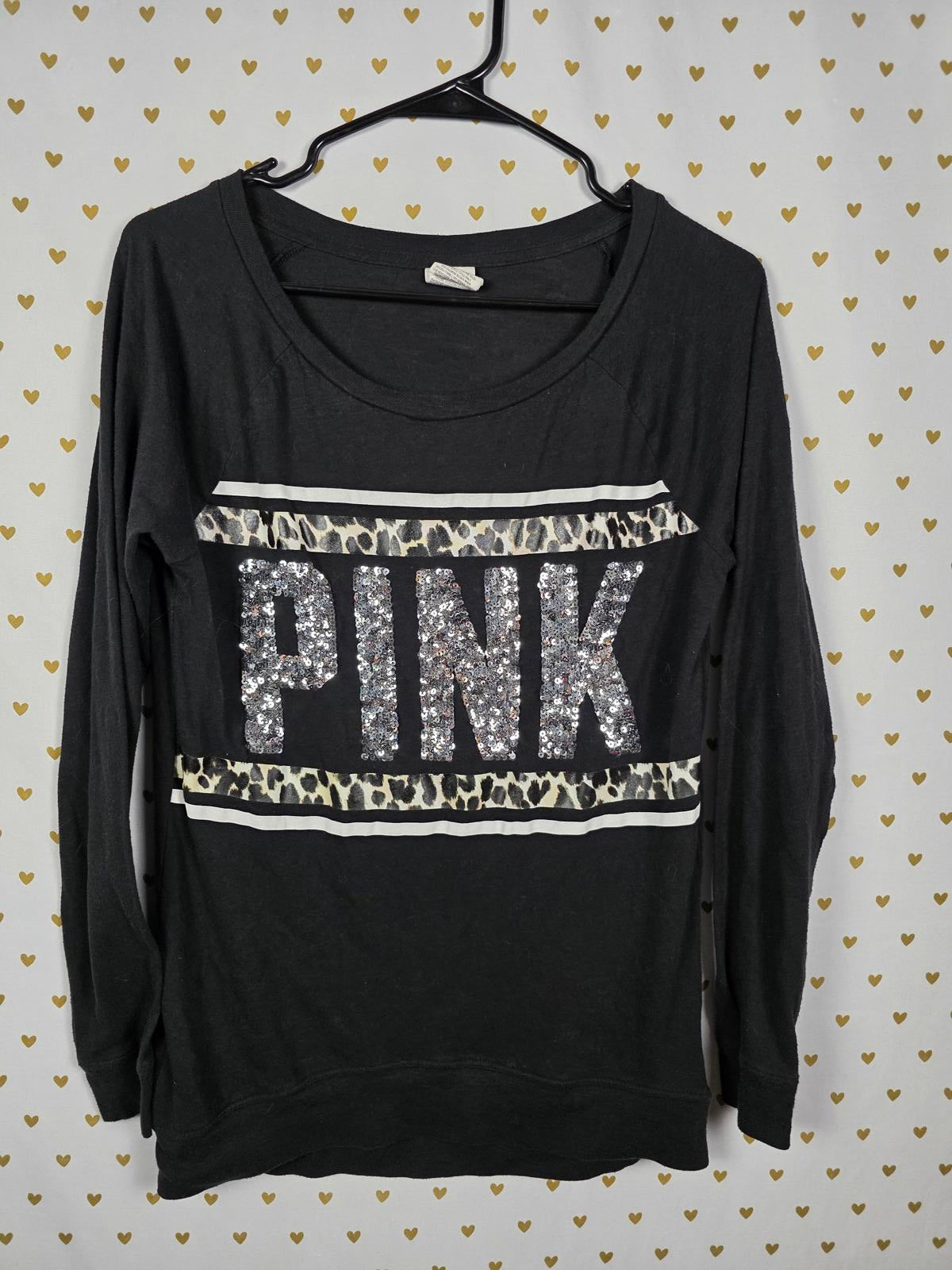 Victorias Secret PINK BLING CHEETAH LEOPARD Logo Tee Shirt SEQUINED XS