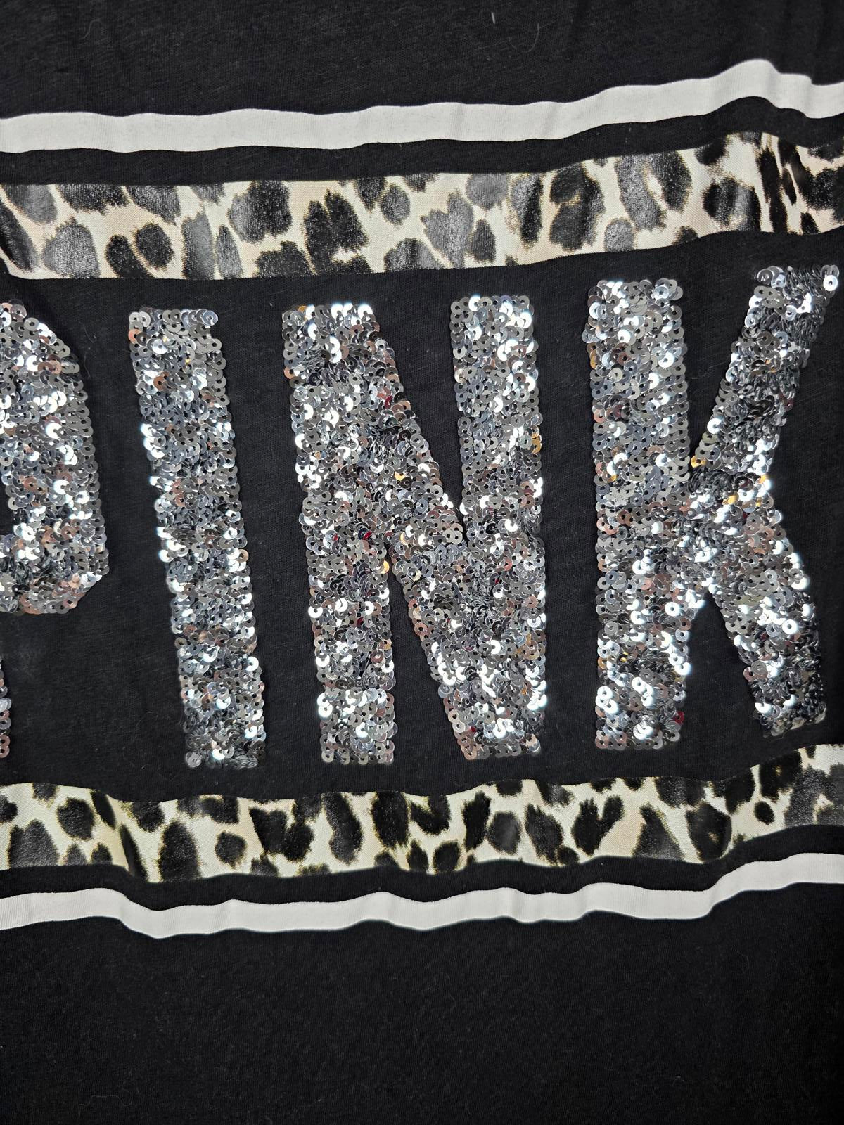 Victorias Secret PINK BLING CHEETAH LEOPARD Logo Tee Shirt SEQUINED XS