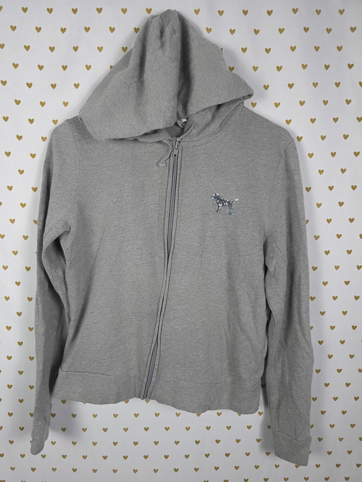 Victorias Secret Pink BLING LOGO Sequined Full ZIp Hoodie SMALL Grey