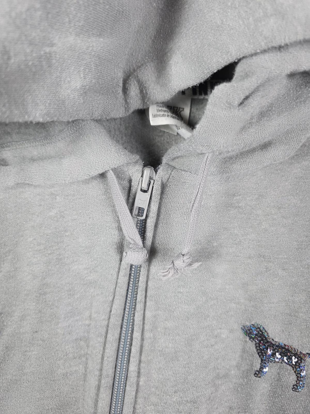 Victorias Secret Pink BLING LOGO Sequined Full ZIp Hoodie SMALL Grey
