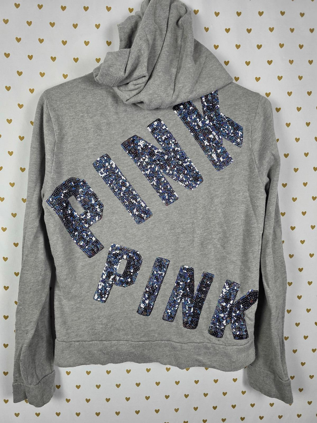 Victorias Secret Pink BLING LOGO Sequined Full ZIp Hoodie SMALL Grey