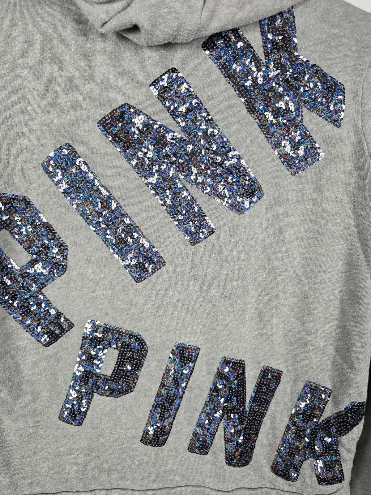 Victorias Secret Pink BLING LOGO Sequined Full ZIp Hoodie SMALL Grey
