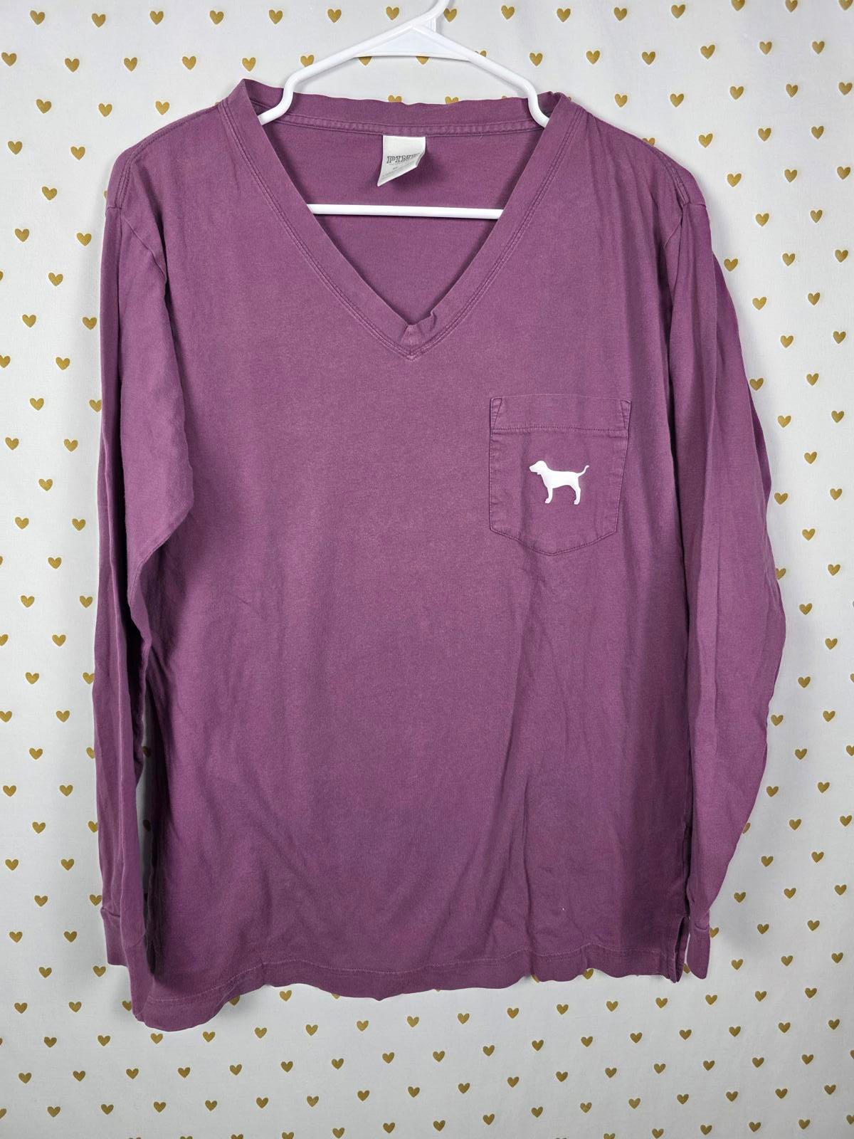 Victorias Secret PINK V neck Campus Pocket Dog Logo Tee Shirt XS Oversized