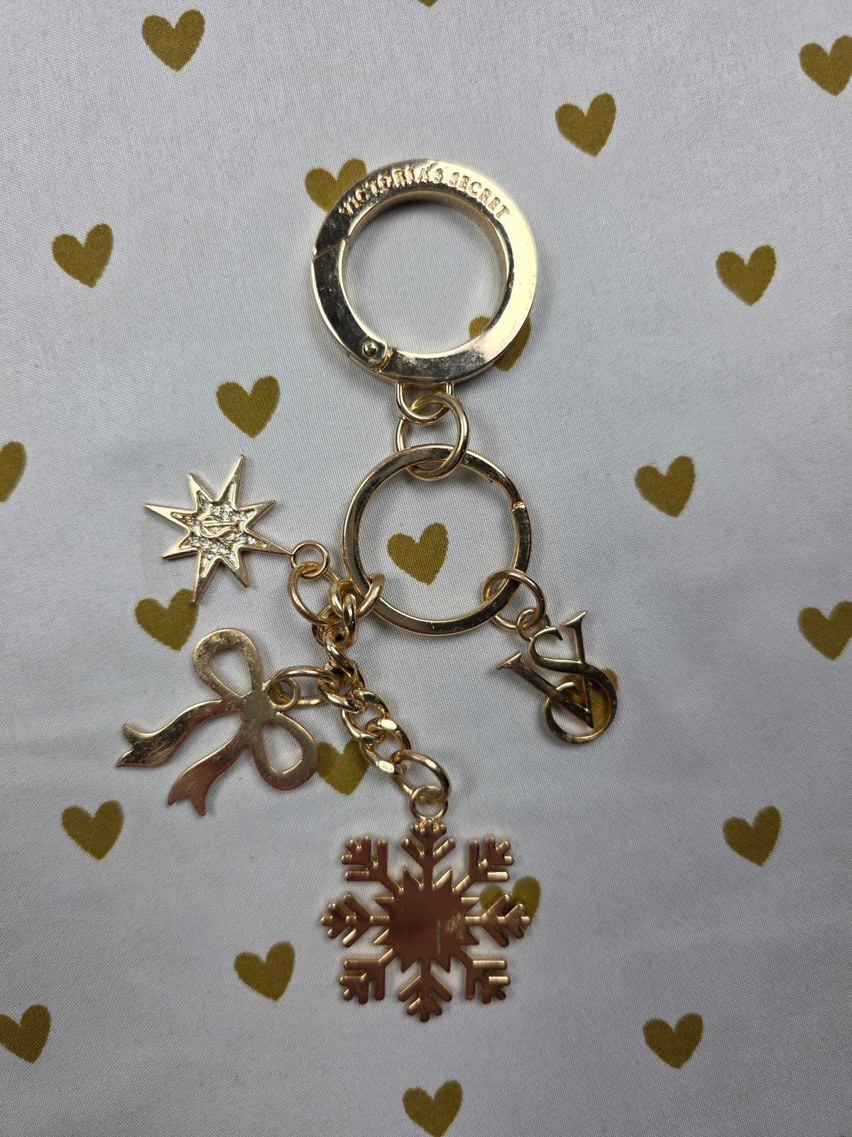 Victorias Secret Gold Tone DREAM Purse Charm Keychain Bow Logo Snowflake