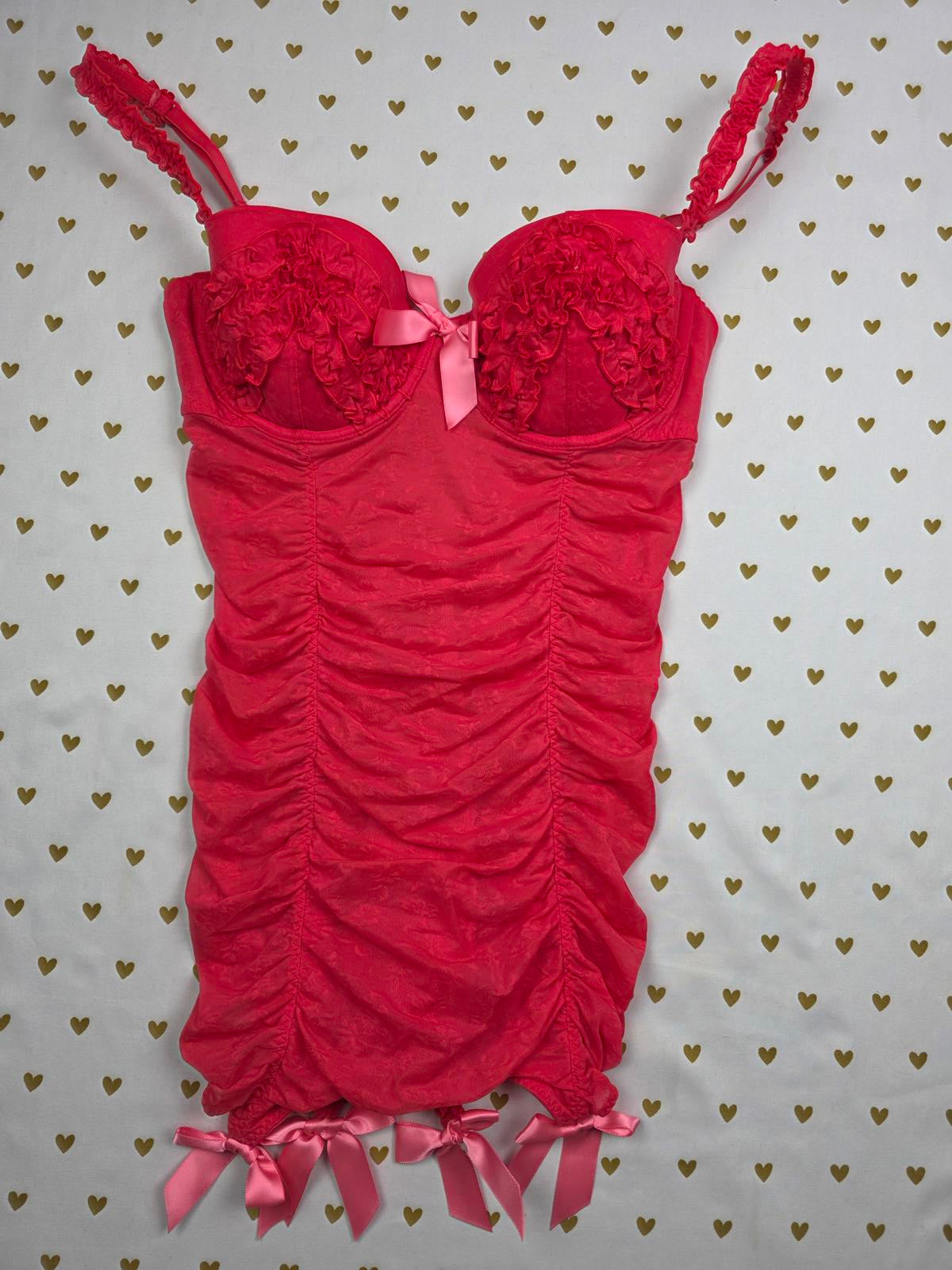 SEXY LITTLE THINGS Red Ruched Underwire Babydoll Corset Coquette Garter 34D