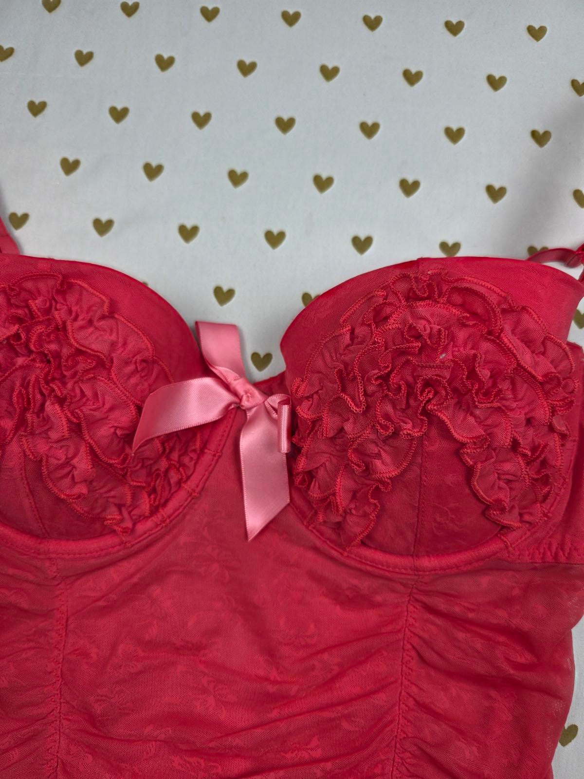 SEXY LITTLE THINGS Red Ruched Underwire Babydoll Corset Coquette Garter 34D
