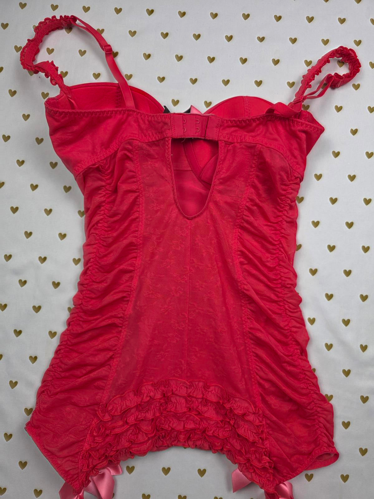 SEXY LITTLE THINGS Red Ruched Underwire Babydoll Corset Coquette Garter 34D