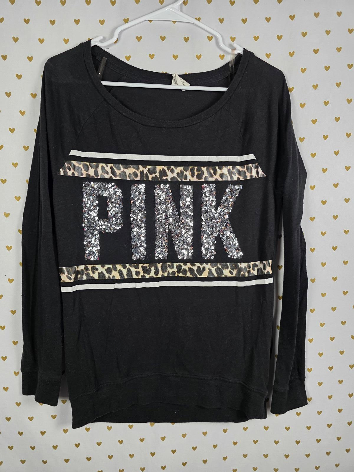 Victorias Secret PINK Cheetah Leopard BLING Sequined Long Sleeve tee Shirt XS