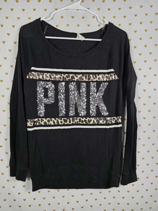 Victorias Secret PINK Cheetah Leopard BLING Sequined Long Sleeve tee Shirt XS