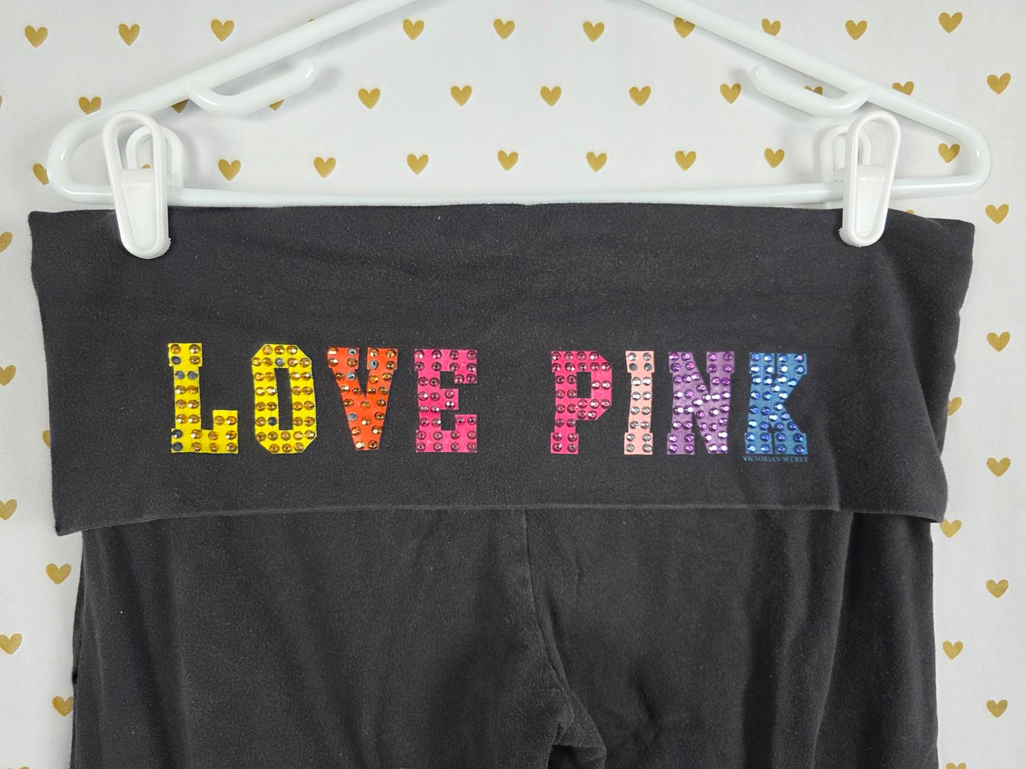 Victorias Secret PINK RARE VTG RAINBOW BLING FOLDOVER Yoga Pants Heart Breaker