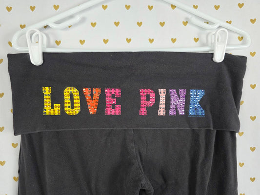 Victorias Secret PINK RARE VTG RAINBOW BLING FOLDOVER Yoga Pants Heart Breaker