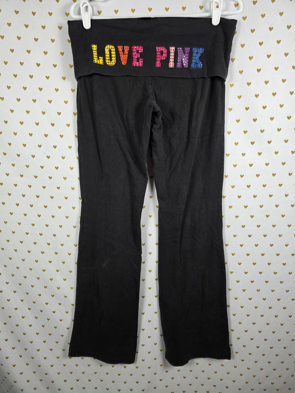Victorias Secret PINK RARE VTG RAINBOW BLING FOLDOVER Yoga Pants Heart Breaker