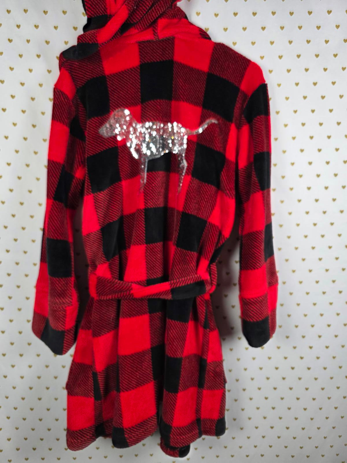 Victorias Secret PINK Buffalo Plaid BLING Warm Thick Bath Robe Sequined DOG XS S