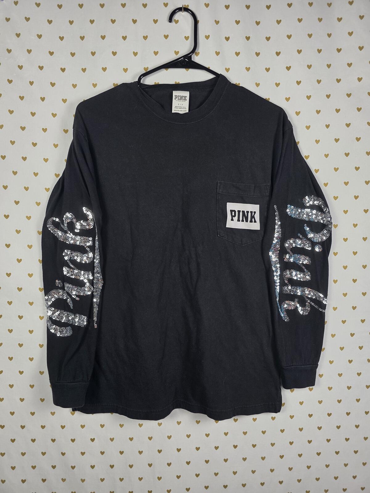 Victorias Secret PINK Campus Pocket Tee BLING Long Sleeve Black SMALL