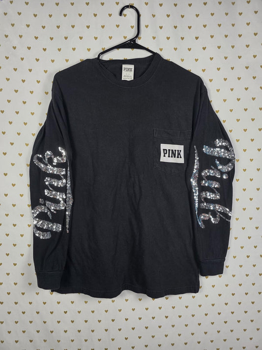 Victorias Secret PINK Campus Pocket Tee BLING Long Sleeve Black SMALL