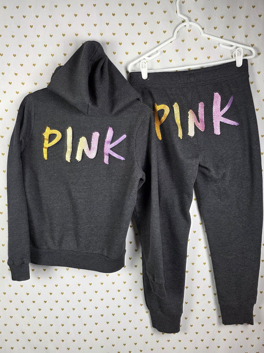 Victorias Secret Pink GLITTER Hoodie Sweats SET 2pc Full Zip MEDIUM Bling Jogger