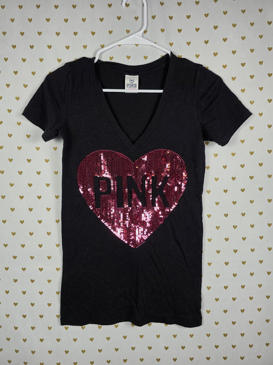 Victorias Secret PINK BLING HEART Logo Sequined Y2k VINTAGE Tee Shirt V Neck XS