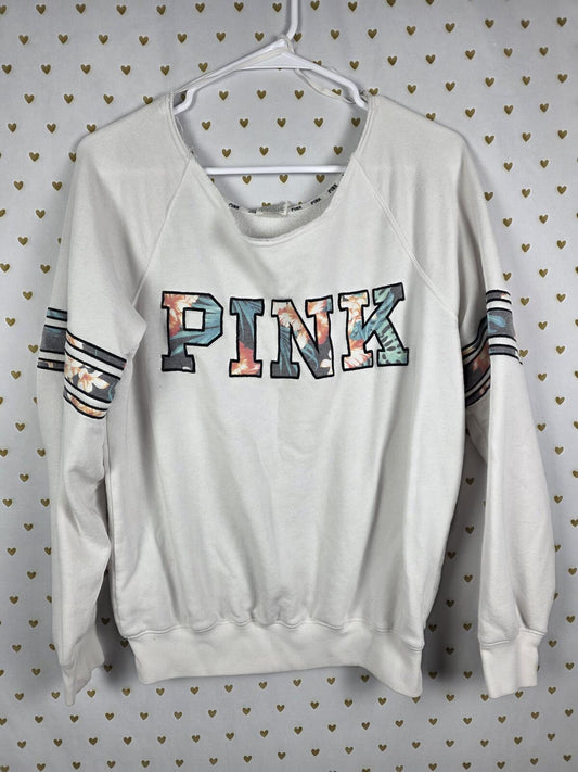 Victorias Secret Pink Slouchy Off Shoulder Embroidered Floral Logo sweater shirt
