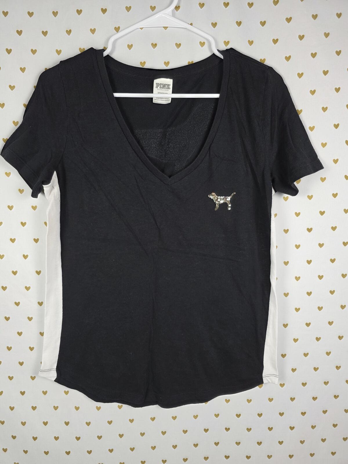 Victorias Secret PINK GOLD BLING SEQUINED V Neck tee shirt Small
