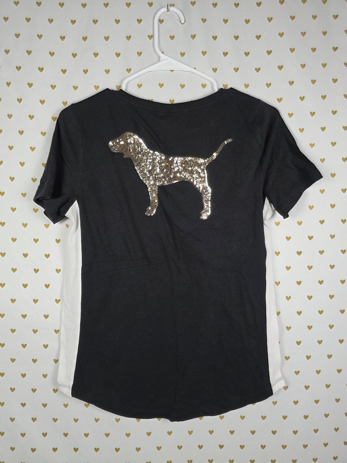 Victorias Secret PINK GOLD BLING SEQUINED V Neck tee shirt Small