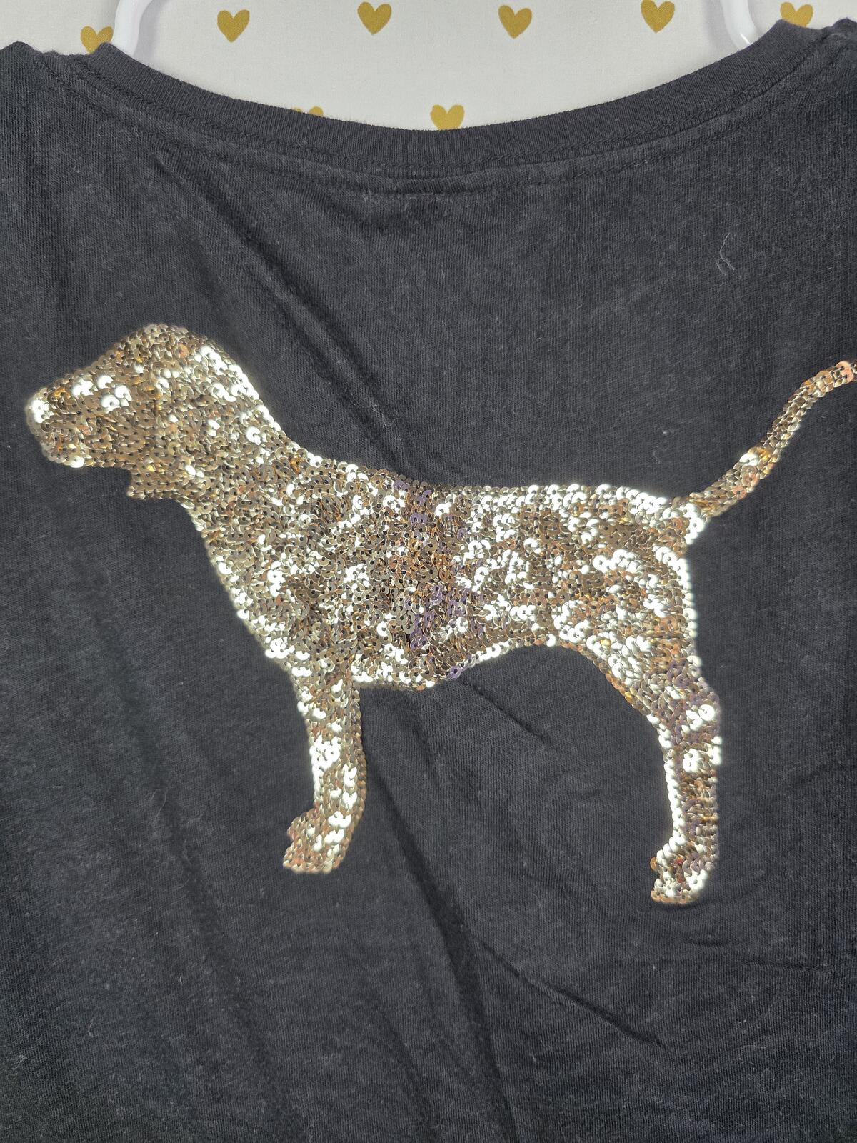 Victorias Secret PINK GOLD BLING SEQUINED V Neck tee shirt Small