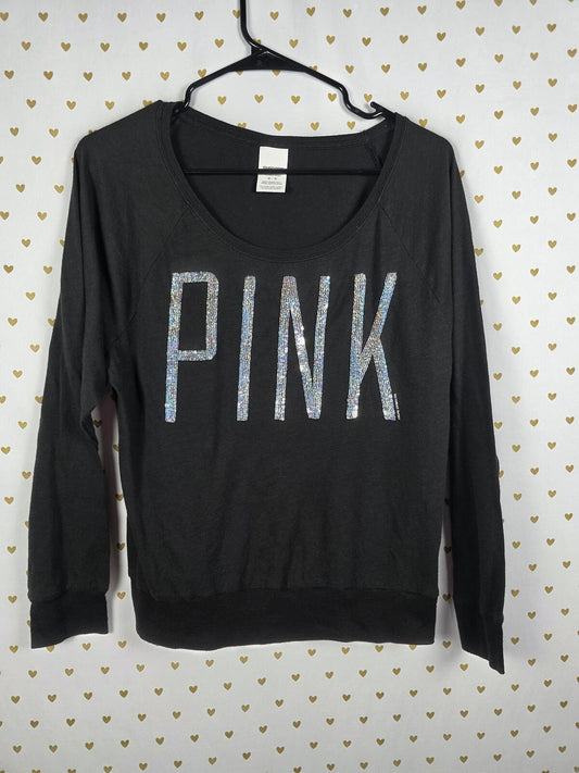 Victorias Secret PINK Long Sleeve Tee Shirt BLING SEQUINED Logo Scoop Neck MED