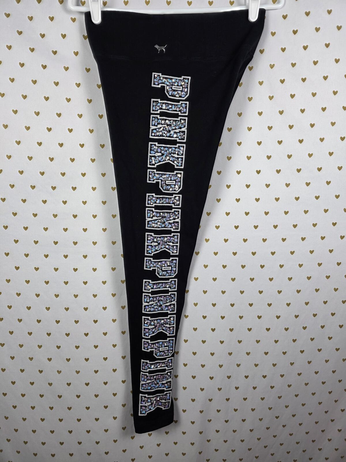 Victorias Secret PINK BLING Logo Yoga Pants Sequined Ankle SMALL