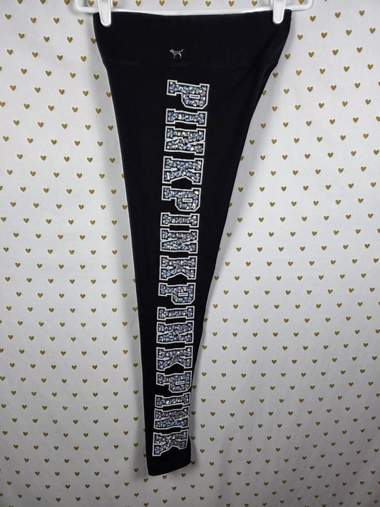 Victorias Secret PINK BLING Logo Yoga Pants Sequined Ankle SMALL