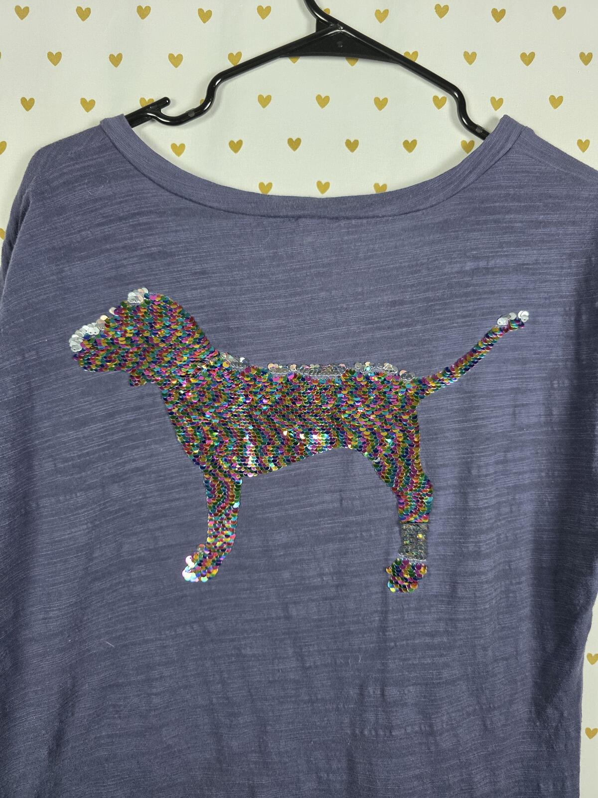 Victorias Secret PINK RAINBOW DOG BLING Sequined V Neck Tee Shirt Blue MED