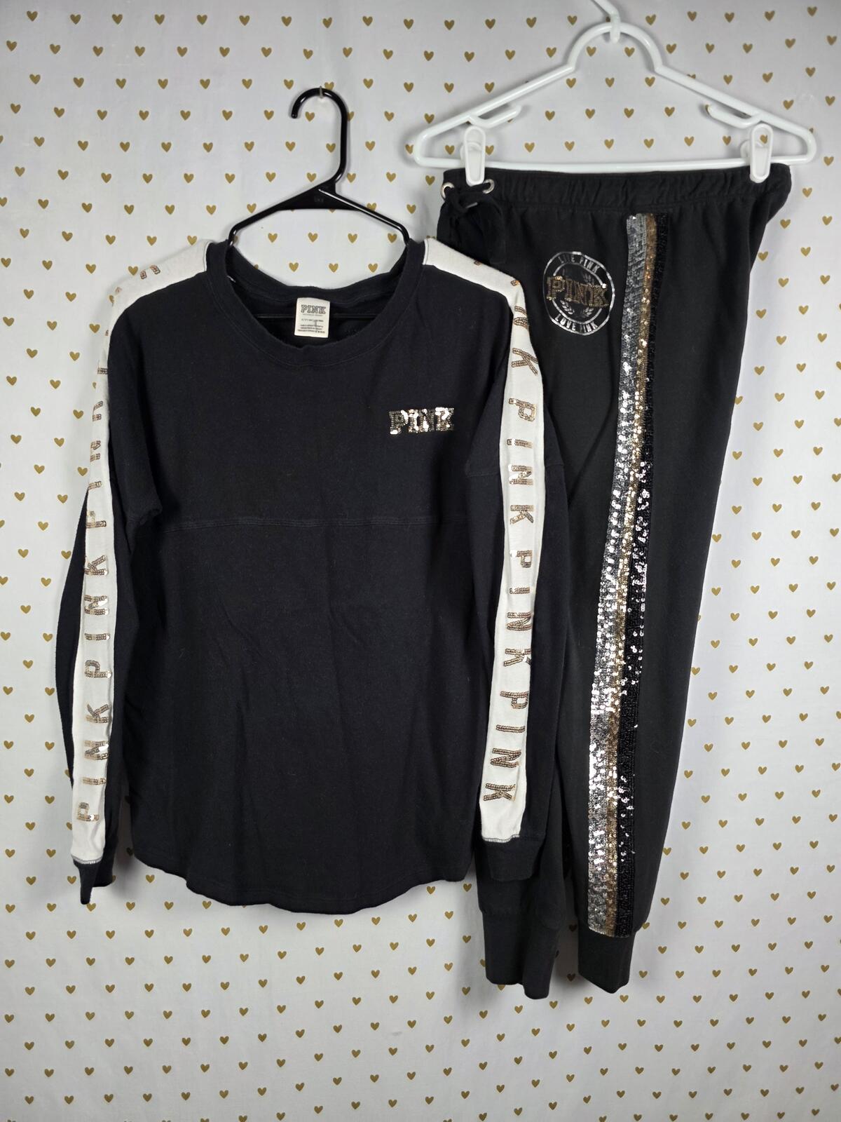 Victorias Secret PINK BLING Gold SET campus Tee sweats sweatpants SMALL 2 PCS