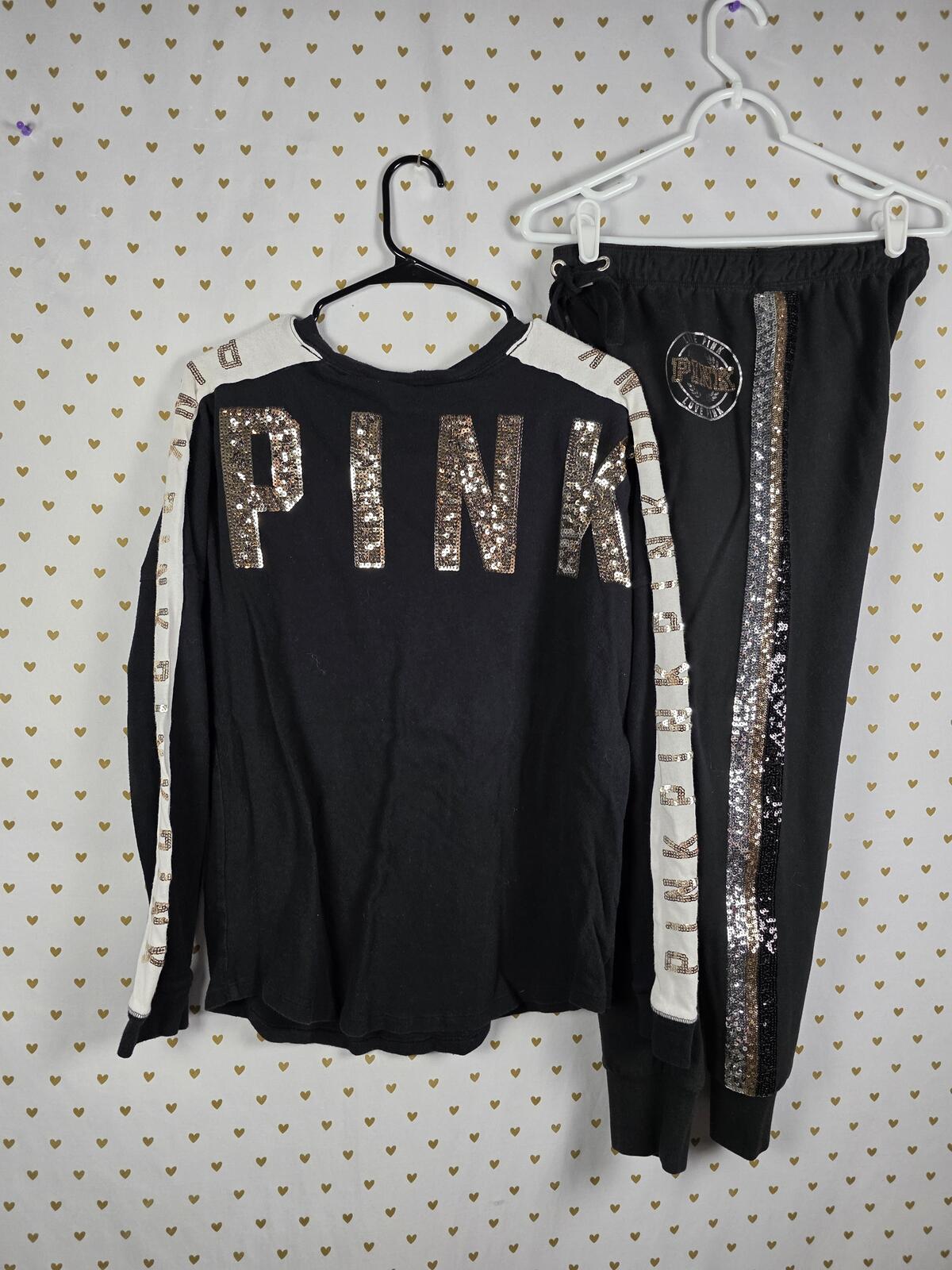 Victorias Secret PINK BLING Gold SET campus Tee sweats sweatpants SMALL 2 PCS