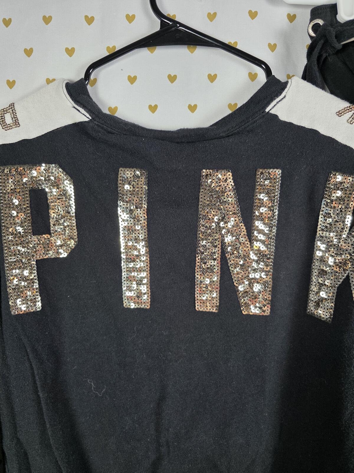 Victorias Secret PINK BLING Gold SET campus Tee sweats sweatpants SMALL 2 PCS