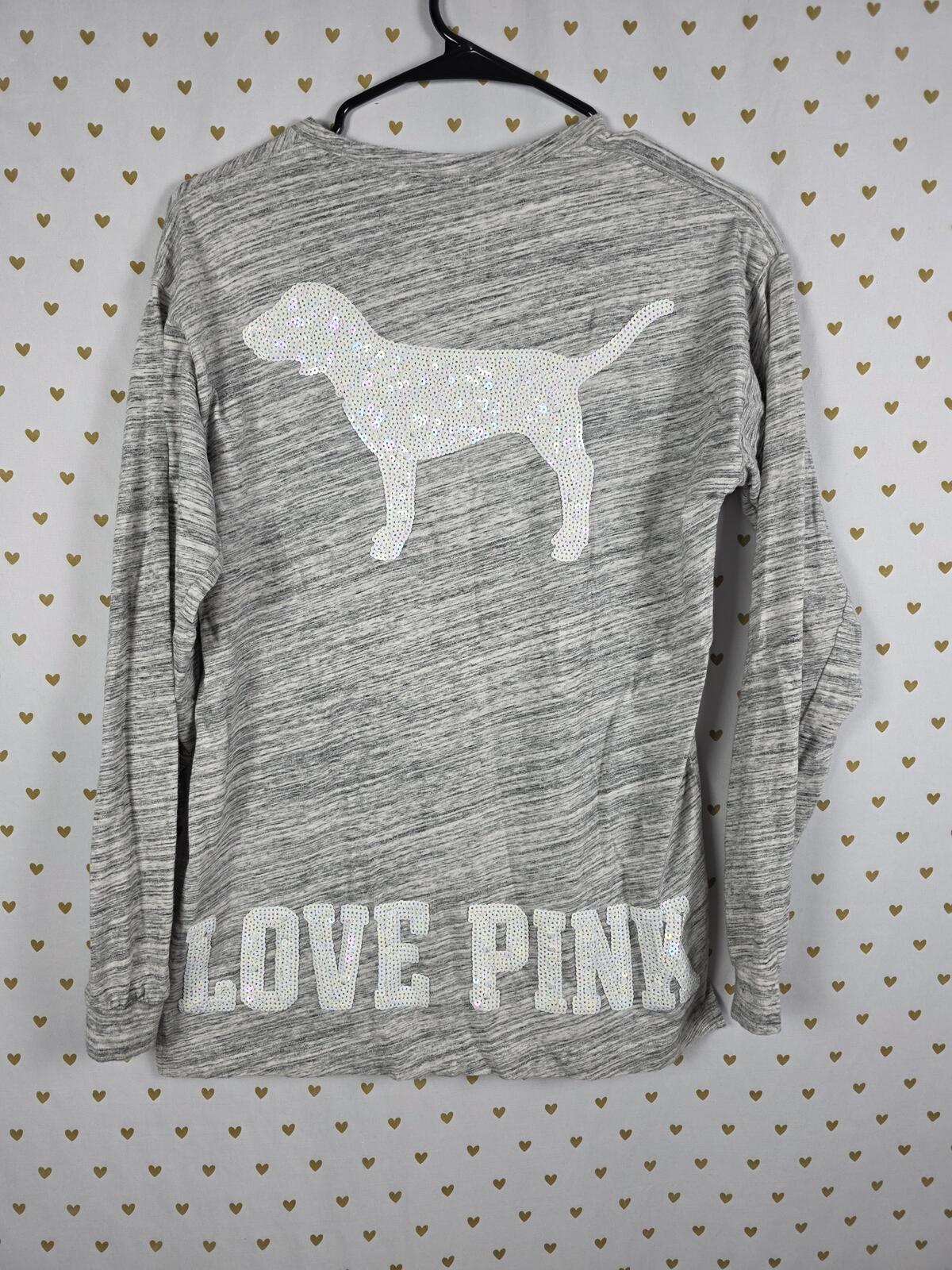 Victorias Secret PINK LOVE White Sequined BLING Long sleeve Tee Shirt Oversized
