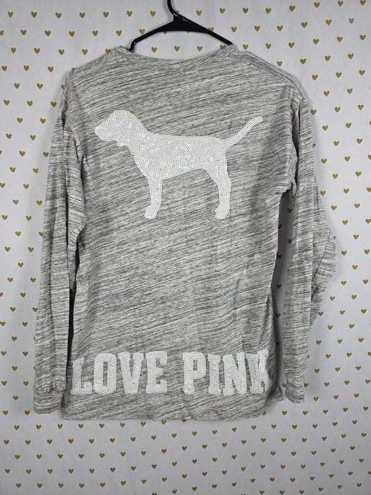 Victorias Secret PINK LOVE White Sequined BLING Long sleeve Tee Shirt Oversized