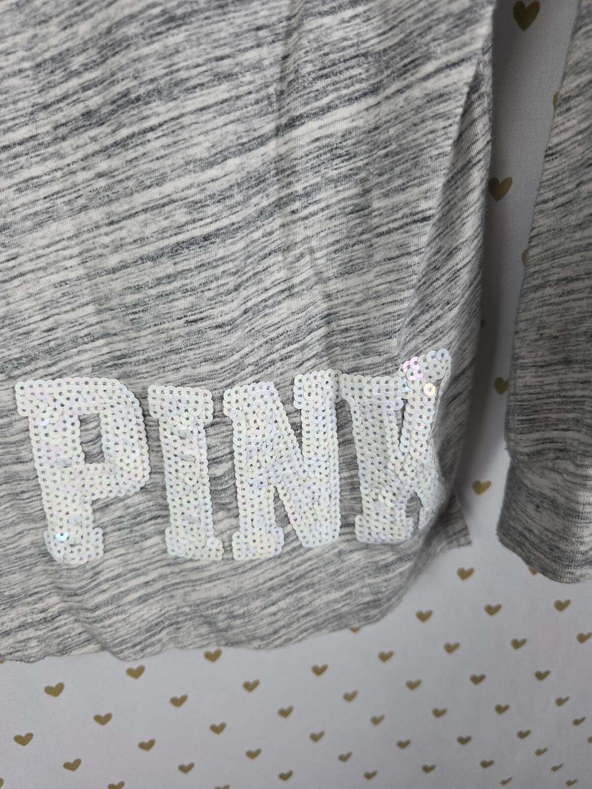 Victorias Secret PINK LOVE White Sequined BLING Long sleeve Tee Shirt Oversized