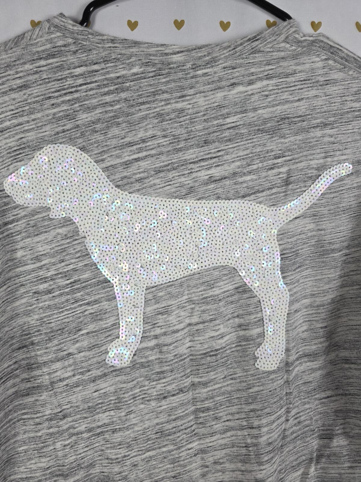 Victorias Secret PINK LOVE White Sequined BLING Long sleeve Tee Shirt Oversized