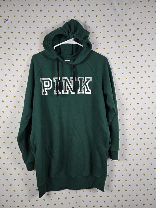 Victorias Secret Pink GREEN Logo Hoodie SWEATER DRESS Long Oversized XS