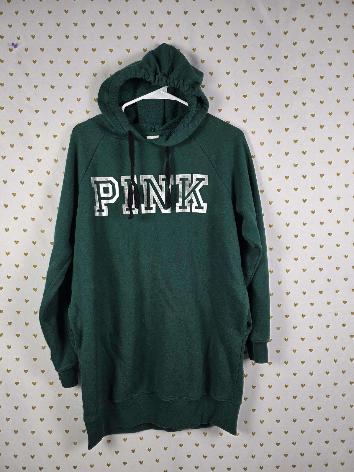 Victorias Secret Pink GREEN Logo Hoodie SWEATER DRESS Long Oversized XS