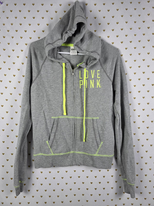 Victorias Secret Pink NEON Full Zip Hoodie Jacket Grey SMALL